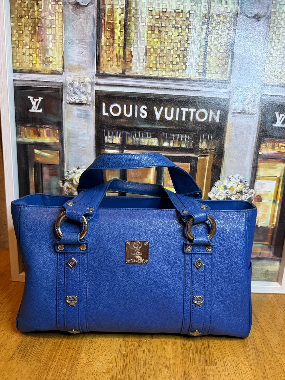 MCM Cobalt Blue Leather Tote with Silver Hardware